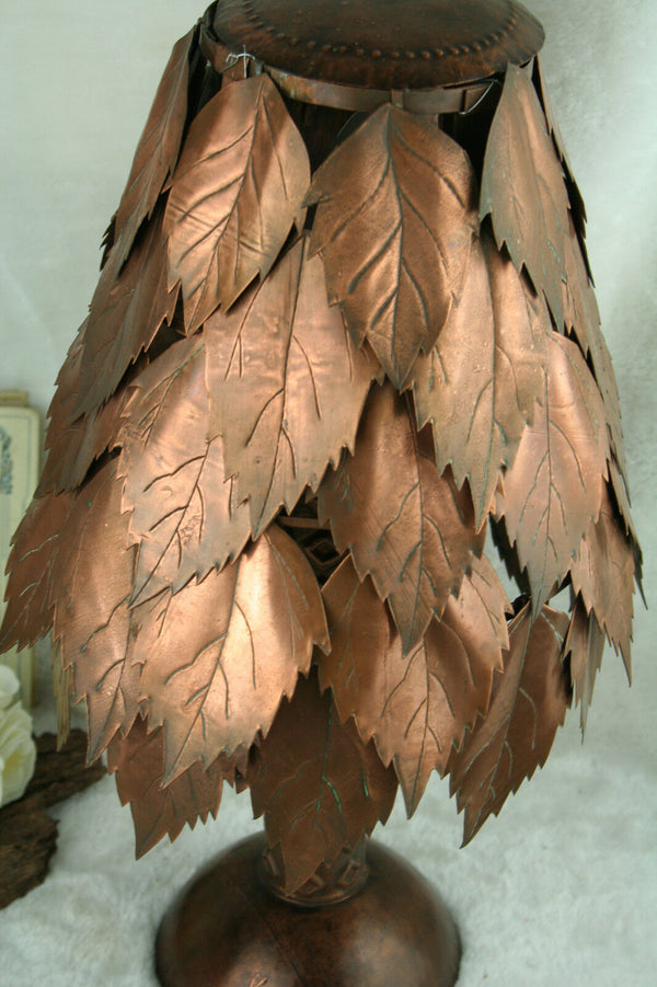 Handmade  signed  Copper  leaves desk table lamp attr maison jansen paris