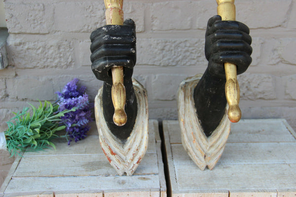 Rare PAIR 1950 Wood hand carved sconces torch castle Wall lights attr Jansen