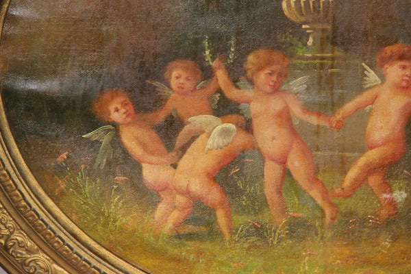 Antique French school oil canvas painting 19thc oval putti cherubs