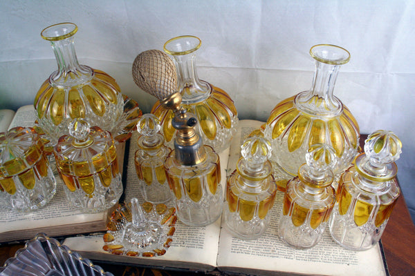 Antique Belgian Val saint lambert amber vanity set dresser + green + clear 1906