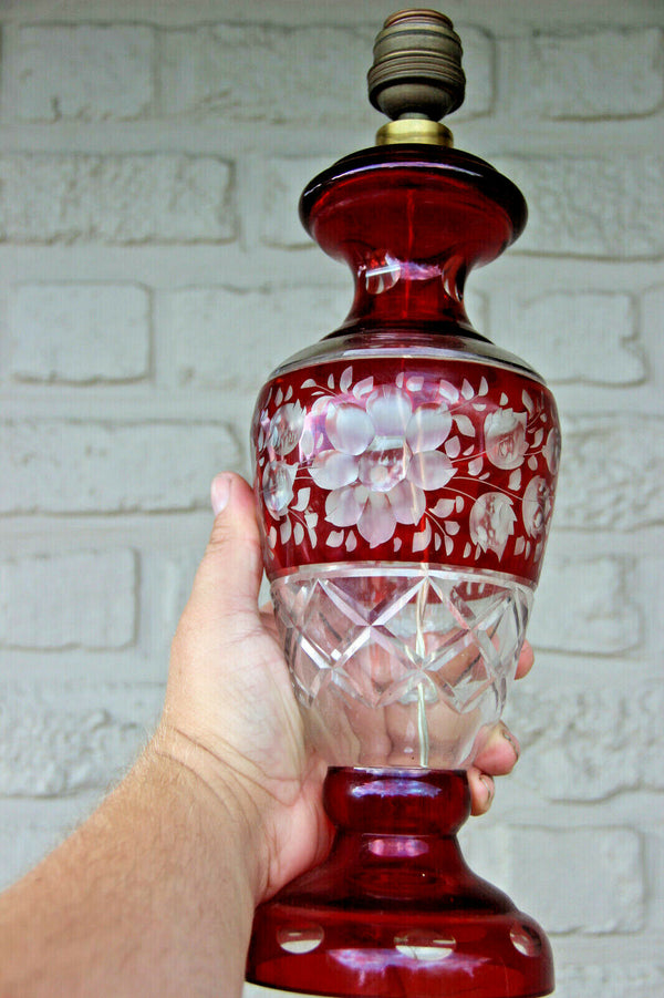 Vintage Bohemian czech Red Glass floral decor Vase lamp 1950