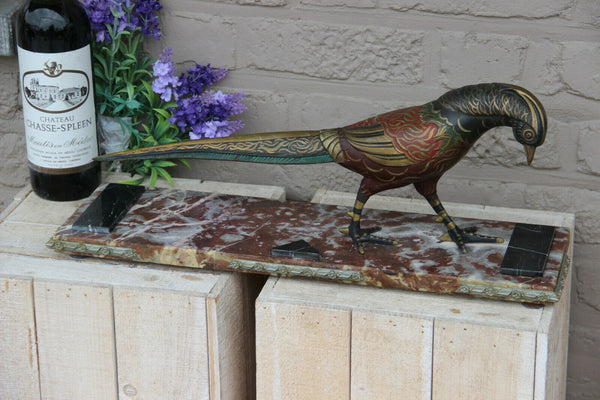 Antique french art deco spelter bronze polychrome paint pheasant bird marble