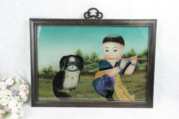 Chinese EGLOMISE Reverse glass painting child pekinese dog