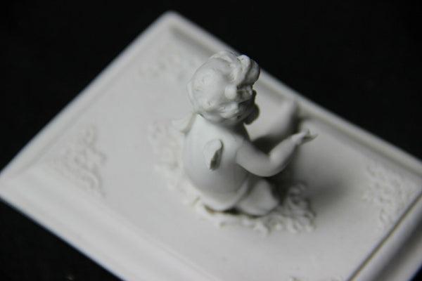 German Bisque porcelain marked Putti lidded box jewelry