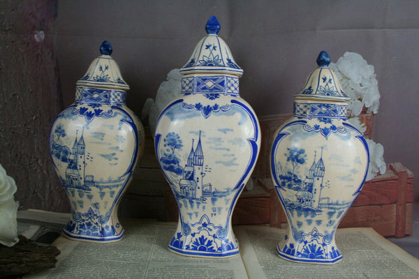 Set of 3 Delft blue white pottery vases lidded Landscape scene marked