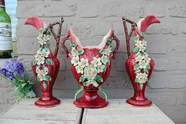 Antique french barbotine majolica set vases centerpiece relief floral decor 1900
