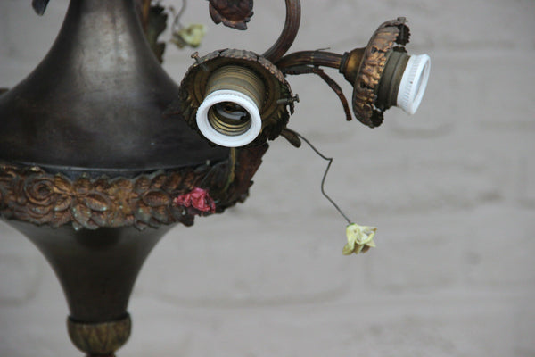 Antique French bronze tole putti angel porcelain flowers chandelier