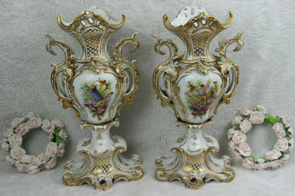 Antique XL 19thc French Vieux paris porcelain music Floral Vases