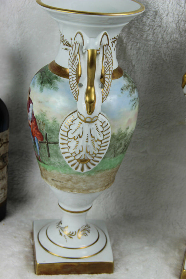 PAIR large French porcelain Vases victorian romantic scene swan birds