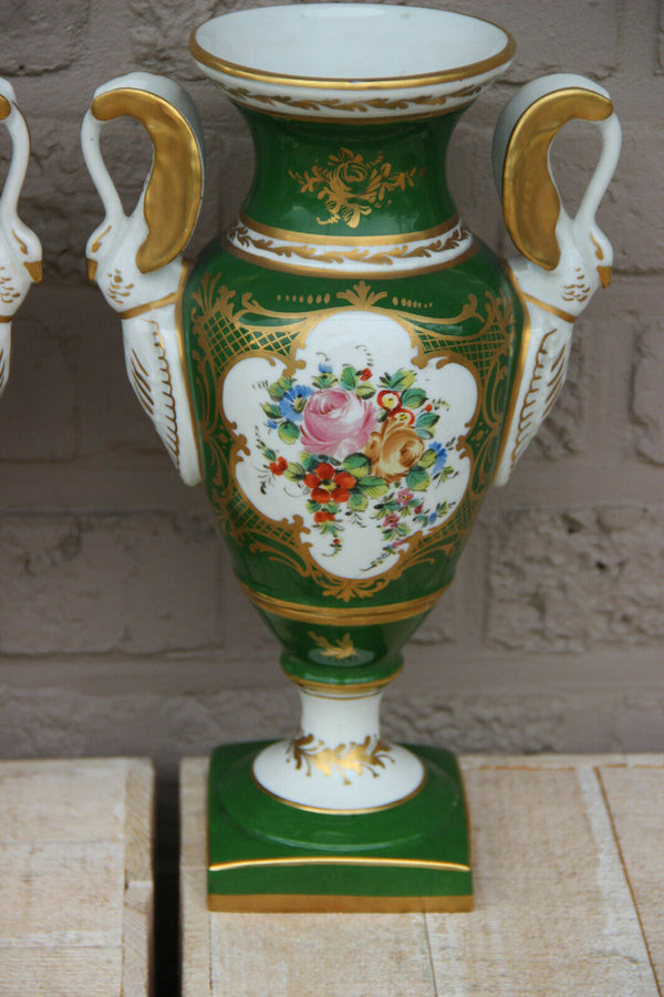 Antique Pair French vieux paris porcelain Floral vases Empire swan handle