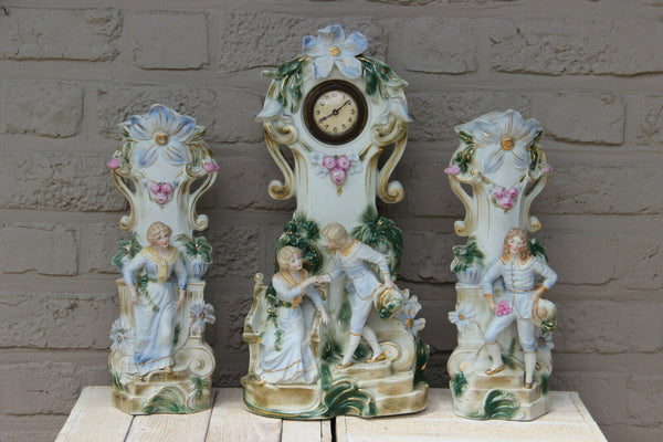 Vintage German porcelain bisque romantic  figurines Clock set Vases