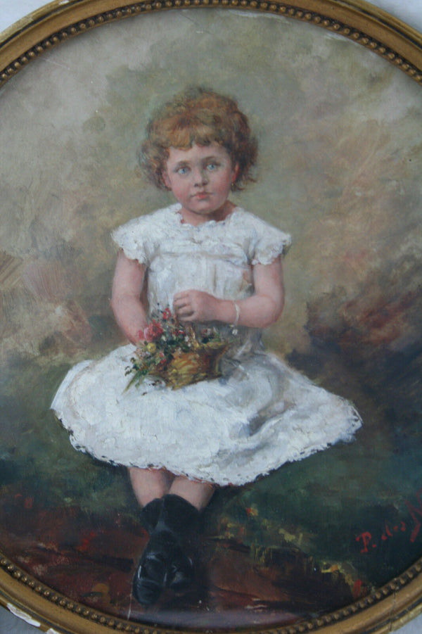 Gorgeous OIL on Paper painting Sitting victorian girl Belgian master 1920-1930