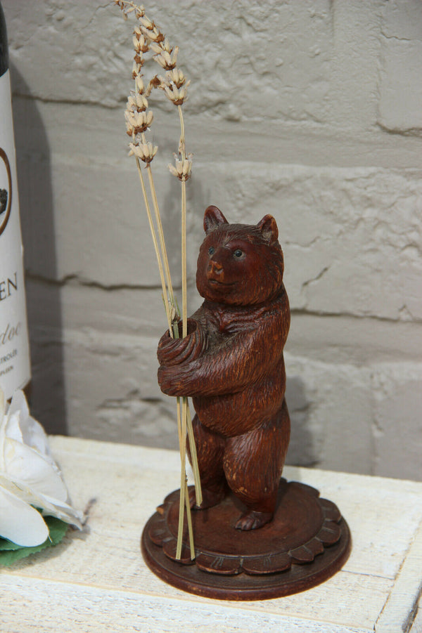 Antique hand Black forest wood carved swiss bear statue pique fleur