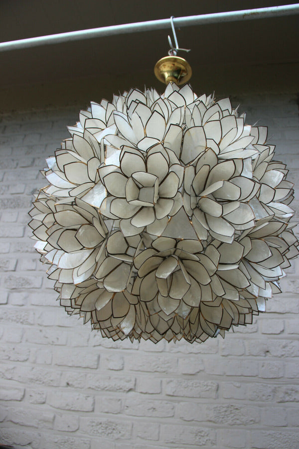 XL Rausch Capiz MotherPearl Shell Lotus flower sputnik ball chandelier 1960