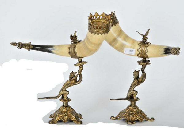 PAIR antique Cornucopia horn Gothic dragon chimaera with eagle on top rare