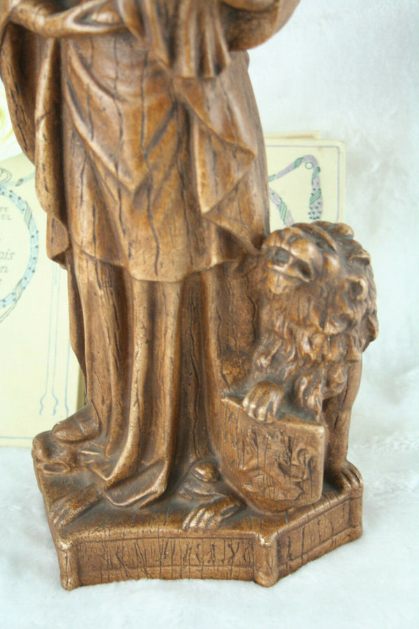 Antique Flanders plaster chalkware Virgin Mary Child lion Religious