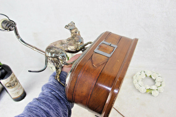 Mid century 1970 Bronze silver patina Greyhound whippet dog lamp wood base