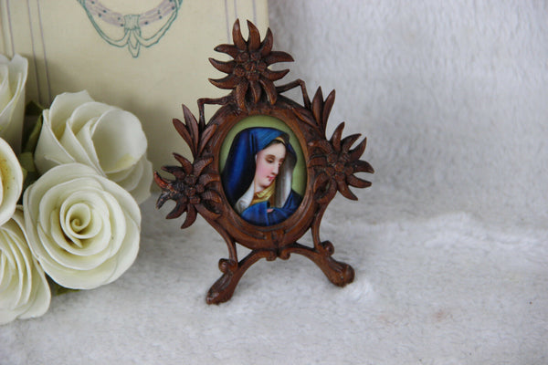 Black forest wood EDELWEISS  religious miniature portrait porcelain madonna