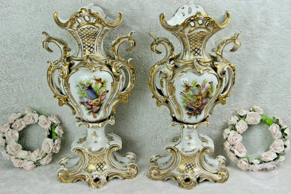 Antique XL 19thc French Vieux paris porcelain music Floral Vases