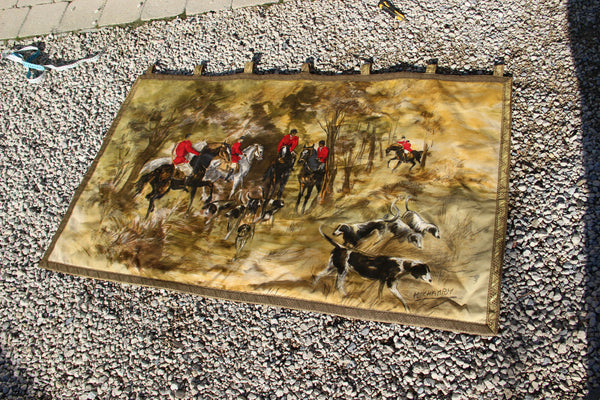 English 1950 XXL Wall TAPESTRY Hunting scene dogs horses signed maker