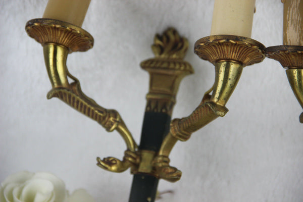 PAIR french empire Brass metal swan arms wall lights sconces 1950's