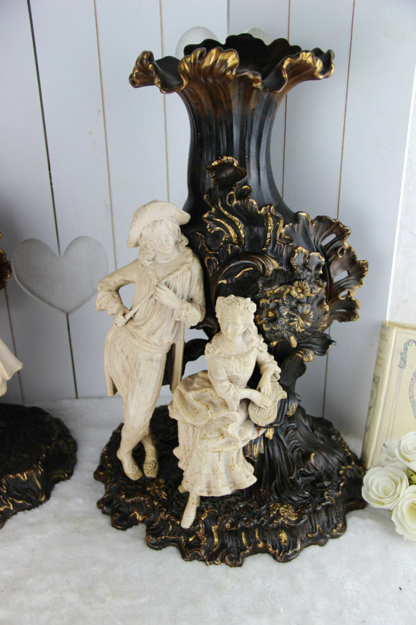 HUGE Antique PAIR terracotta Sheperd Figurines couple VASES marked 19th c rare
