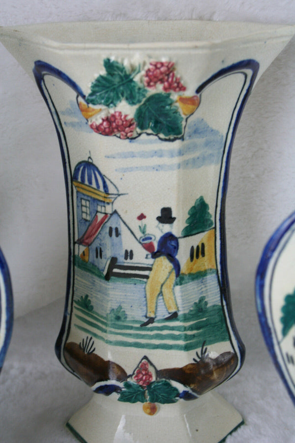 Antique Vases French Set 5 polychrome pottery  QUIMPER Vases