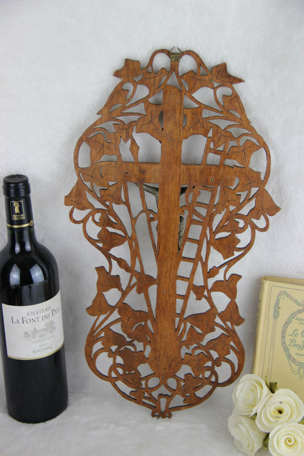 Rare vtg French wood carved crucifix christ cross 1960's religious