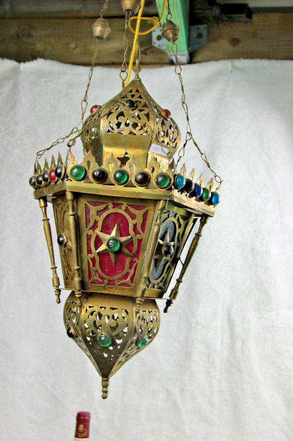 Antique Oriental Brass Multi colour glass lantern pendant lamp chandelier