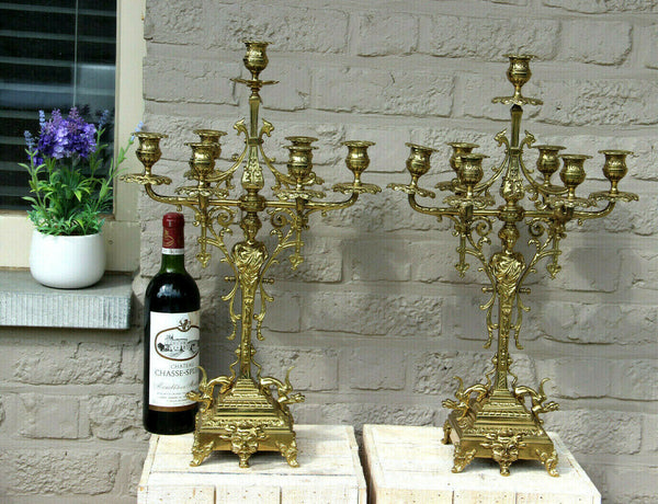 HUGE Rare pair bronze Figural gothic castle Dragons Candelabras candle holder