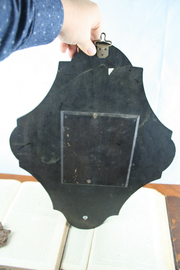 French XL Antique Holy water font spelter Jesus christ French 19th c wood plaque