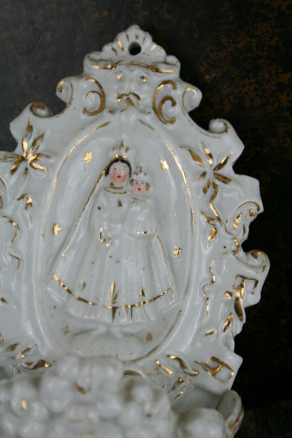 Antique french Vieux old paris Madonna holy water font Gold linings gorgeous
