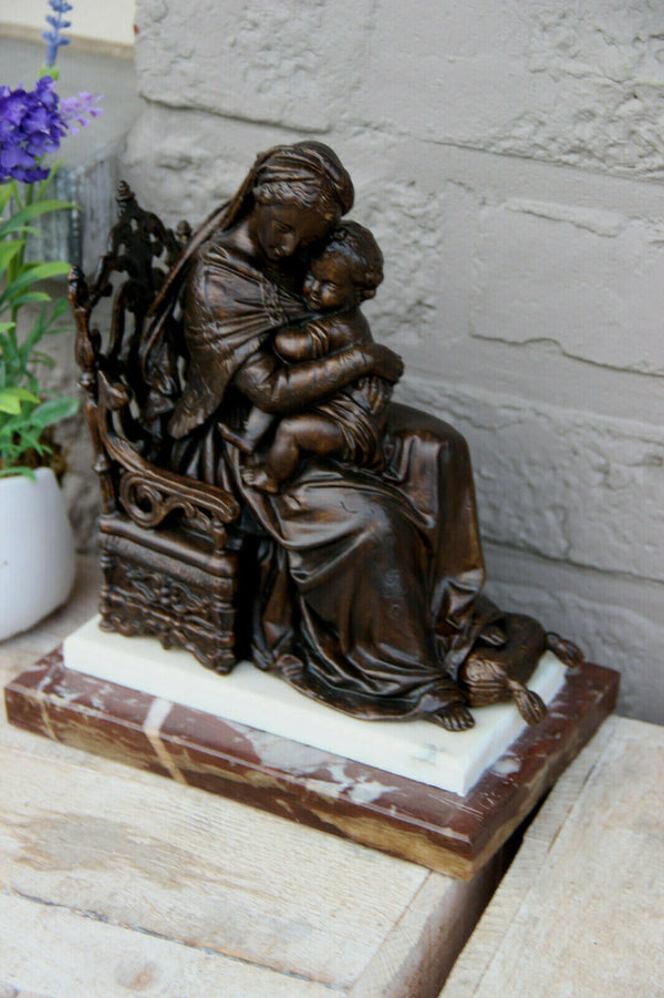 Antique French spelter bronze madonna child marble base statue religious