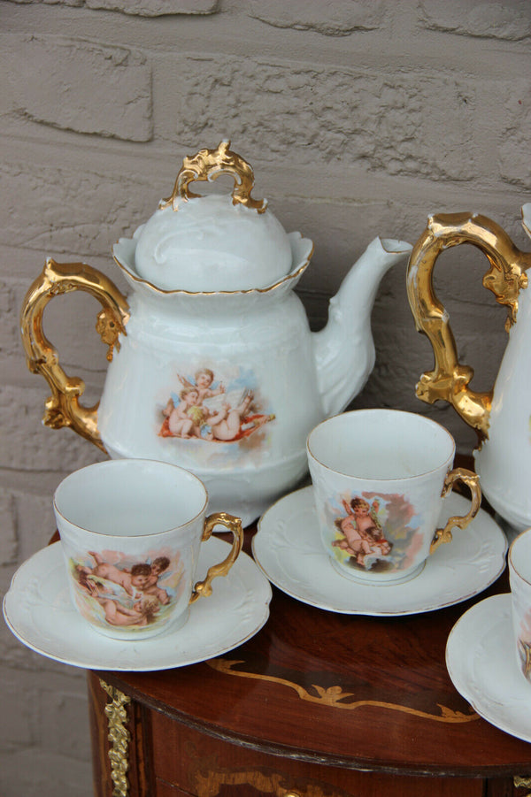 Rare French antique porcelain putti angel coffee milk sugar tea cups set