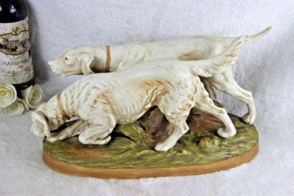 Superb pair antique Royal Dux porcelain  marked hunting dogs statue group