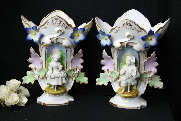 PAIR antique french XIX Century Vieux paris porcelain cornet vases figurines