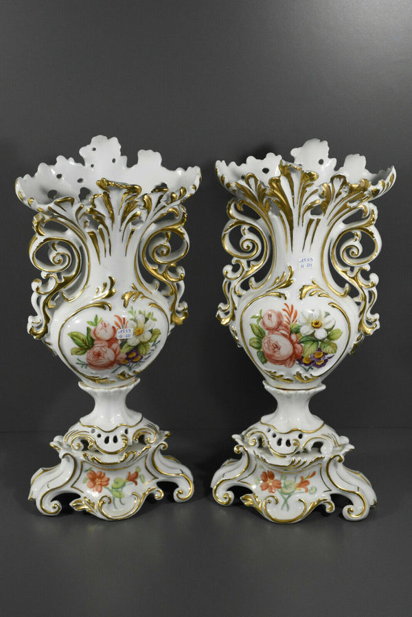 PAIR antique French vieux paris old porcelain Vases floral decor
