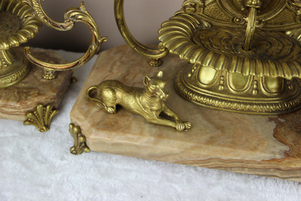 RARE french 1976 marble Lion fountain heads lady dog clock + pair candelabras