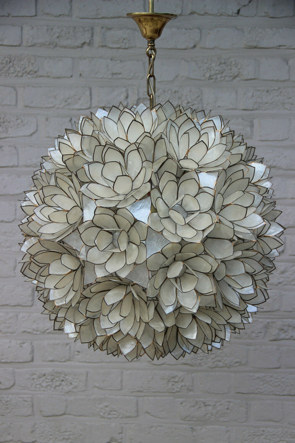 XL Rausch Capiz MotherPearl Shell Lotus flower sputnik ball chandelier 1960