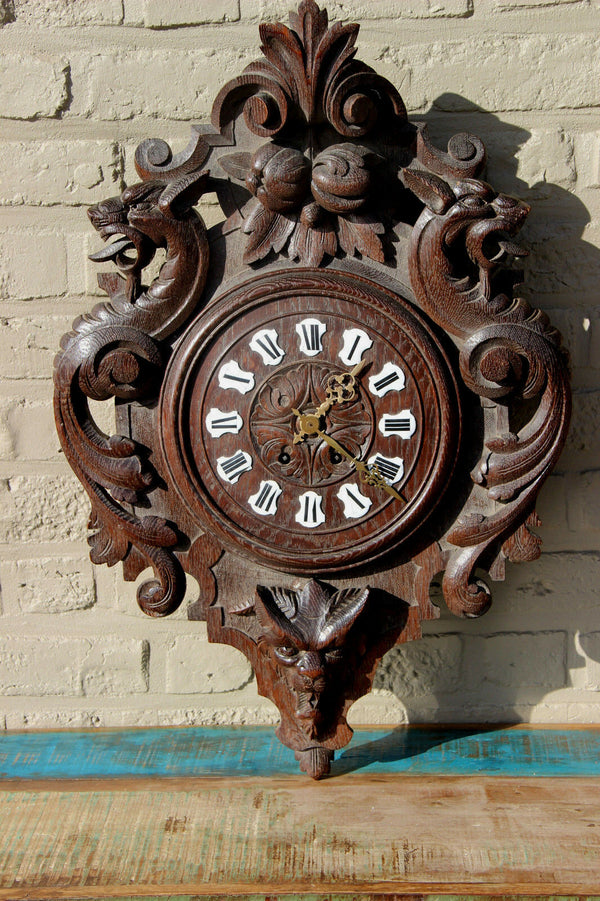 Gothic Dragon Black forest wood carved wall clock devil head rare