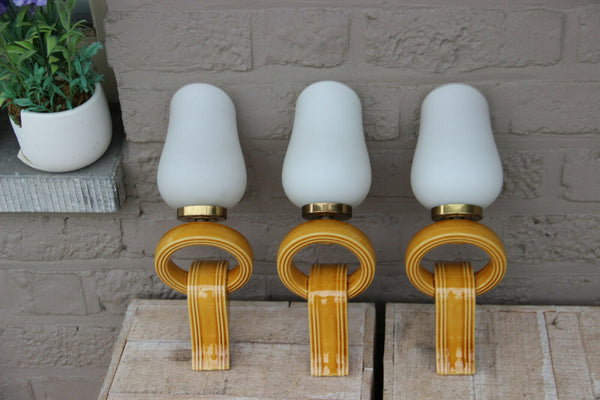 Set 3 Retro Ceramic yellow 1950s opaline glass  wall lights sconces VALLAURIS