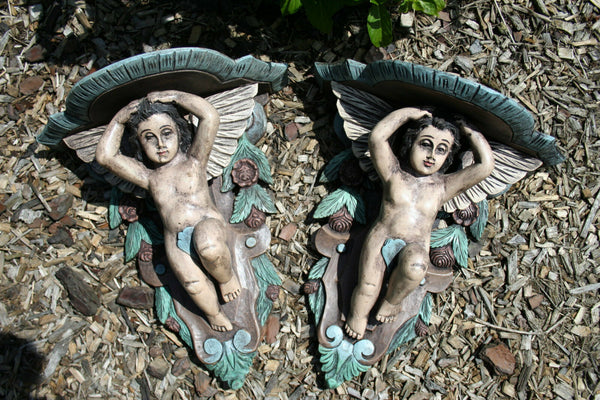 Pair  Vintage Italian wood carved  Cherubs Wall Console polychrome