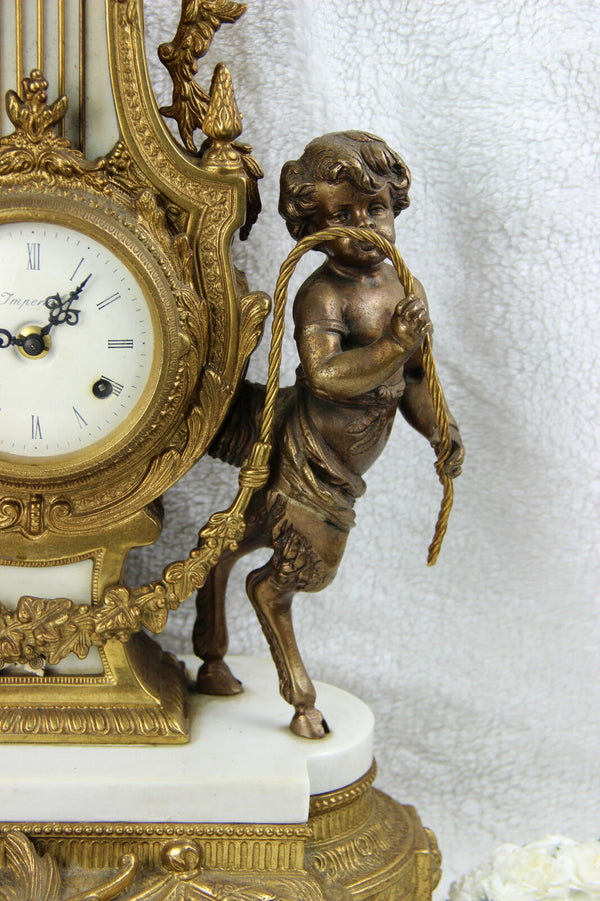 HUGE Bronze White marble putti faun figurines  mantel clock