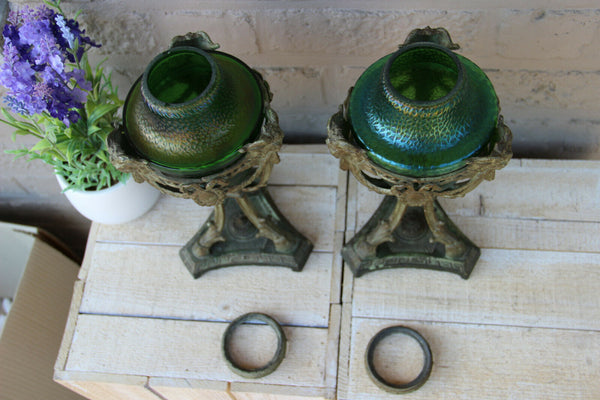 PAIR antique French Vases urns  LOETZ green opalescent glass ram heads