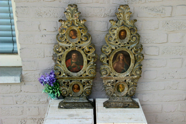 Rare PAIR church antique 18thc wood carved religious plaques panel 3 paintings