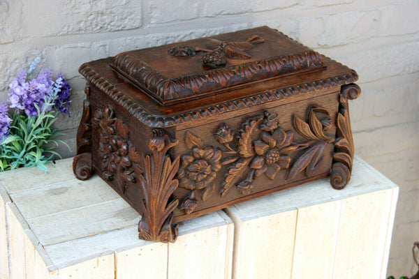 XL antique german Black forest wood carved floral Box