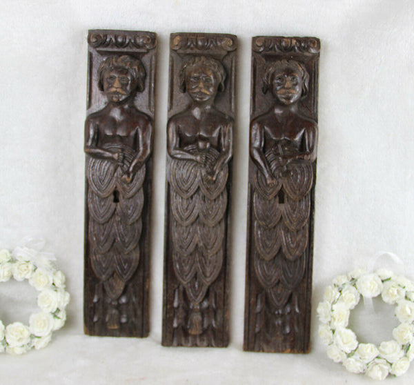 Antique 3 x French wood carved Cabinet panels male figurine holding attributes