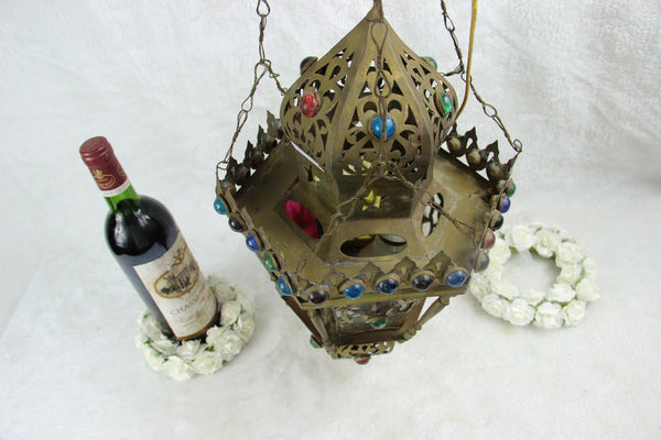 Antique Oriental Brass Multi colour glass lantern pendant lamp chandelier