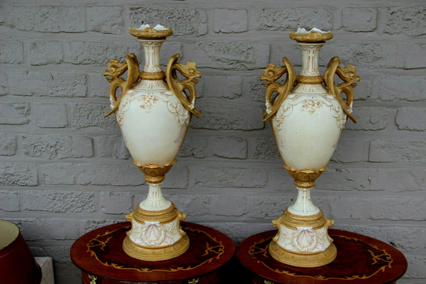 Huge rare pair ROYAL DUX porcelain ceramic Vases Dragon gothic putti vases mark