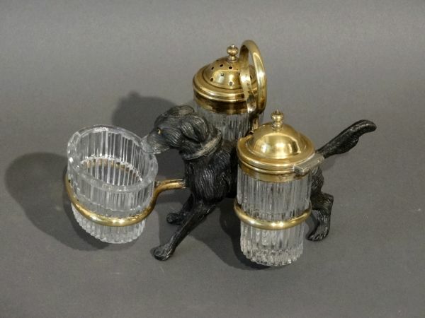 Unusual Antique French Spelter dog salt pepper shaker mustard set rare 1920